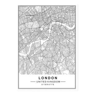 London city black and white unframed canvas map